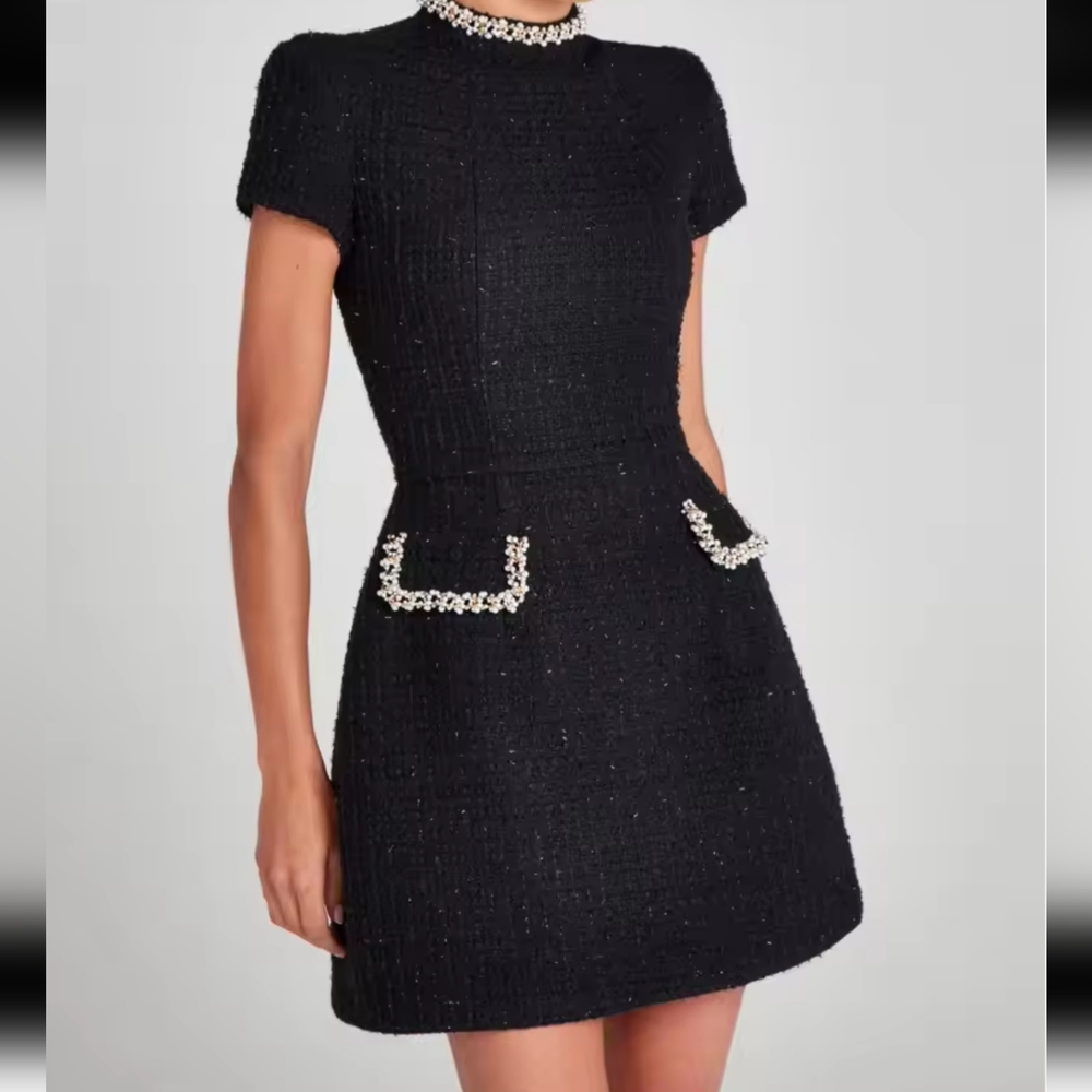 Fashion Solid Mock Neck Mini Dress Female Elegant Commuting Tweed Short Sleeve - Picture 7 of 7